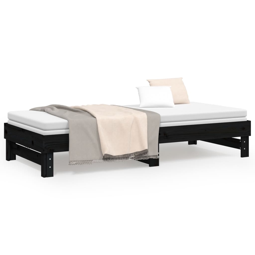 vidaXL izvelkama gulta, melna, 2x(100x200) cm, priedes masīvkoks