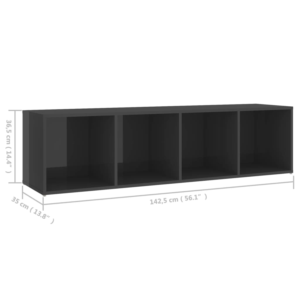 vidaXL TV plaukts, 142,5x35x36,5 cm, spīdīgi pelēks, skaidu plāksne