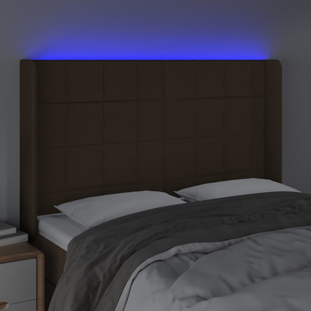 vidaXL gultas galvgalis ar LED, 147x16x118/128 cm, tumši brūns audums