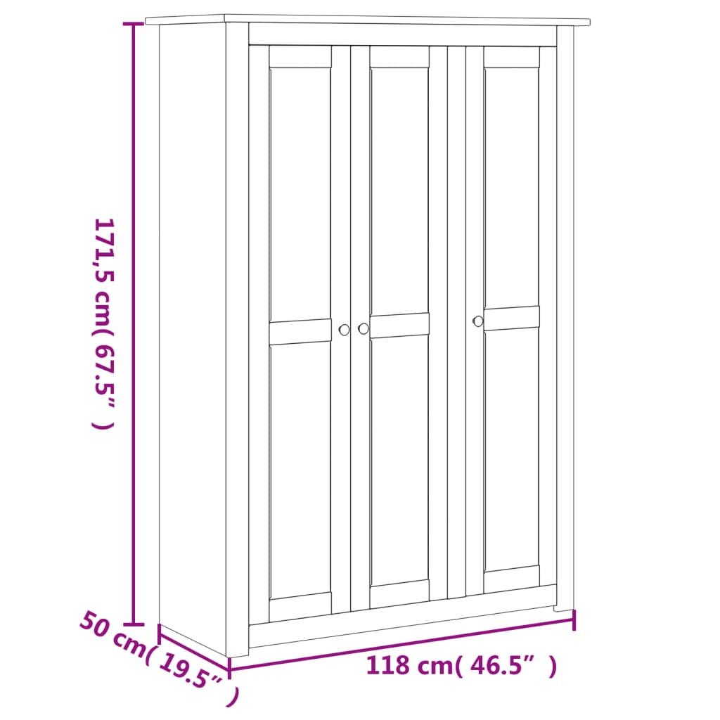 vidaXL skapis, 3 durvis, balts, 118x50x171,5 cm, priedes koks