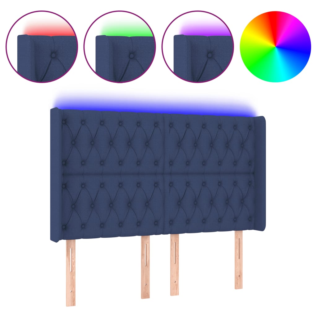 vidaXL gultas galvgalis ar LED, 163x16x118/128 cm, zils audums