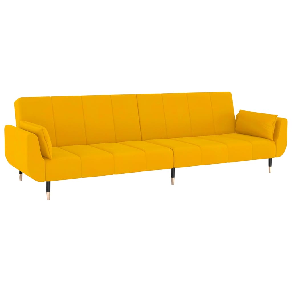 vidaXL 2-vietīga dīvāngulta ar soliņu, divi spilveni, dzeltens samts