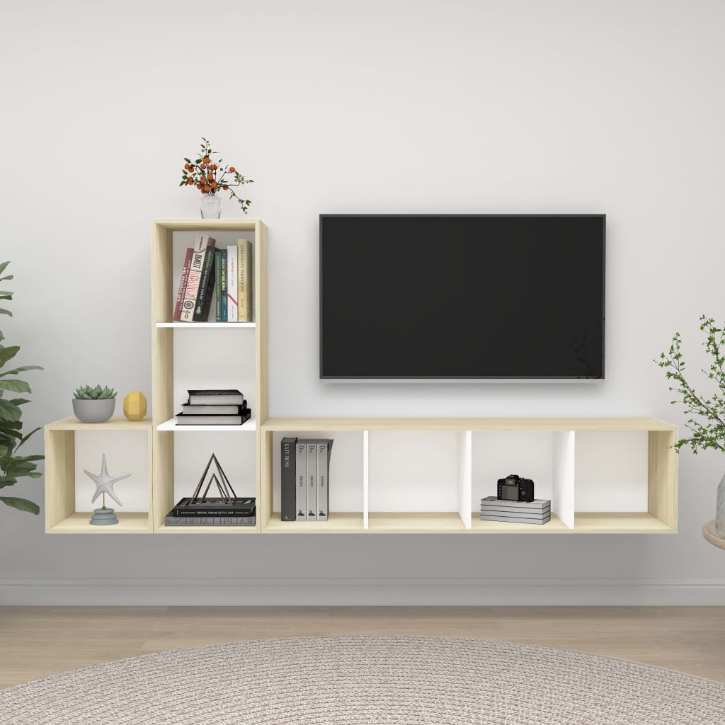 vidaXL 3-daļīgs TV plauktu komplekts, balts, ozolkoka, skaidu plāksne