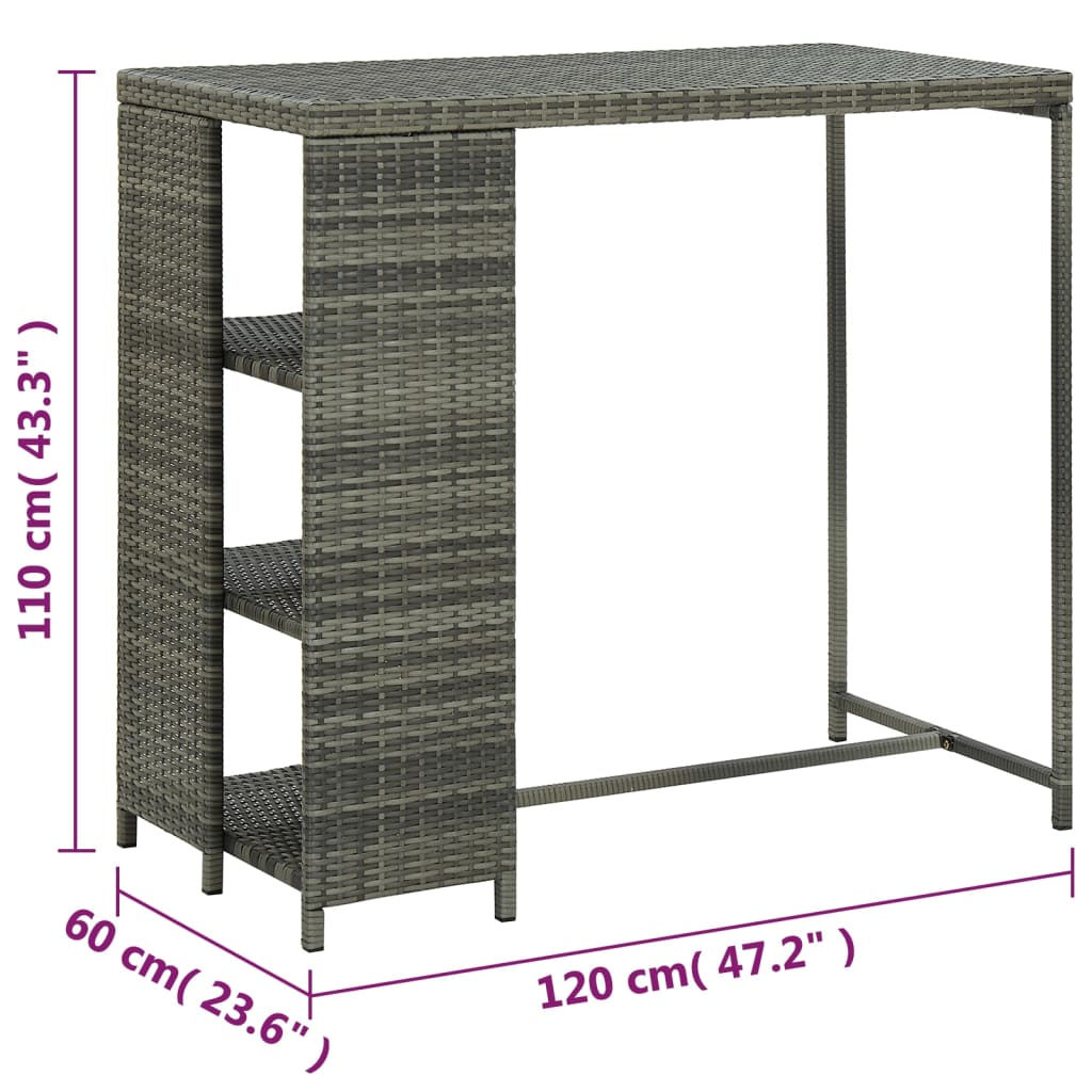 vidaXL bāra galds ar plauktiem, 120x60x110 cm, pelēka PE rotangpalma