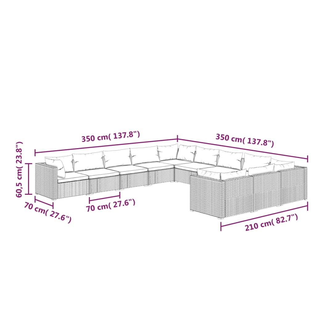 vidaXL 11-daļīgs dārza mēbeļu komplekts, matrači, brūna PE rotangpalma