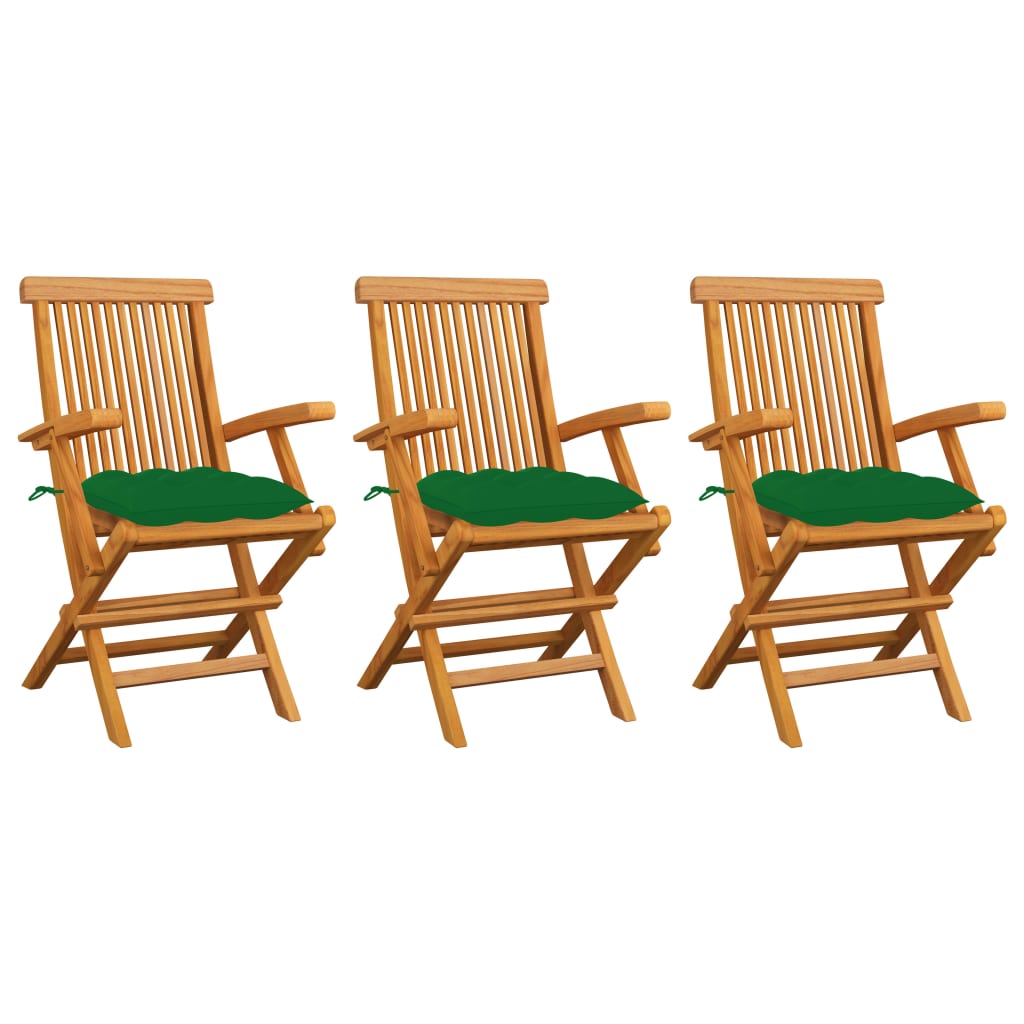 vidaXL dārza krēsli, zaļi matrači, 3 gab., masīvs tīkkoks