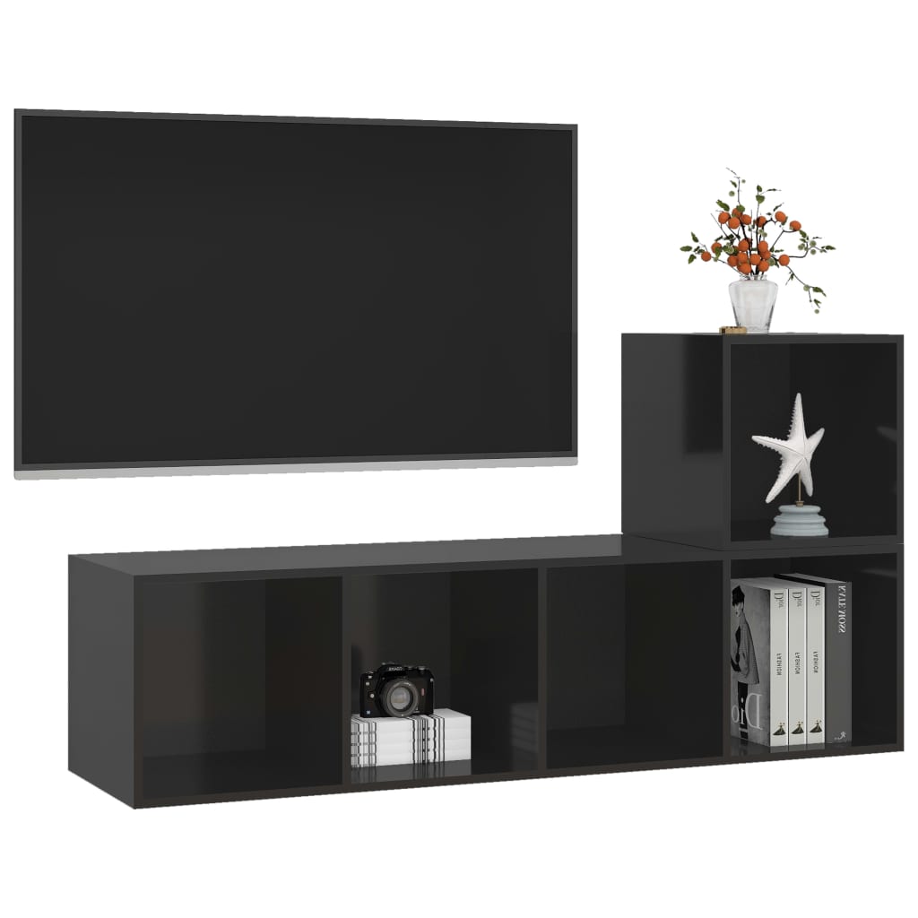 vidaXL 2-daļīgs TV plauktu komplekts, spīdīgi melns, skaidu plāksne