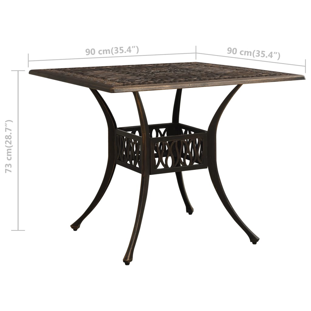 vidaXL dārza galds, bronzas krāsa, 90x90x73 cm, liets alumīnijs