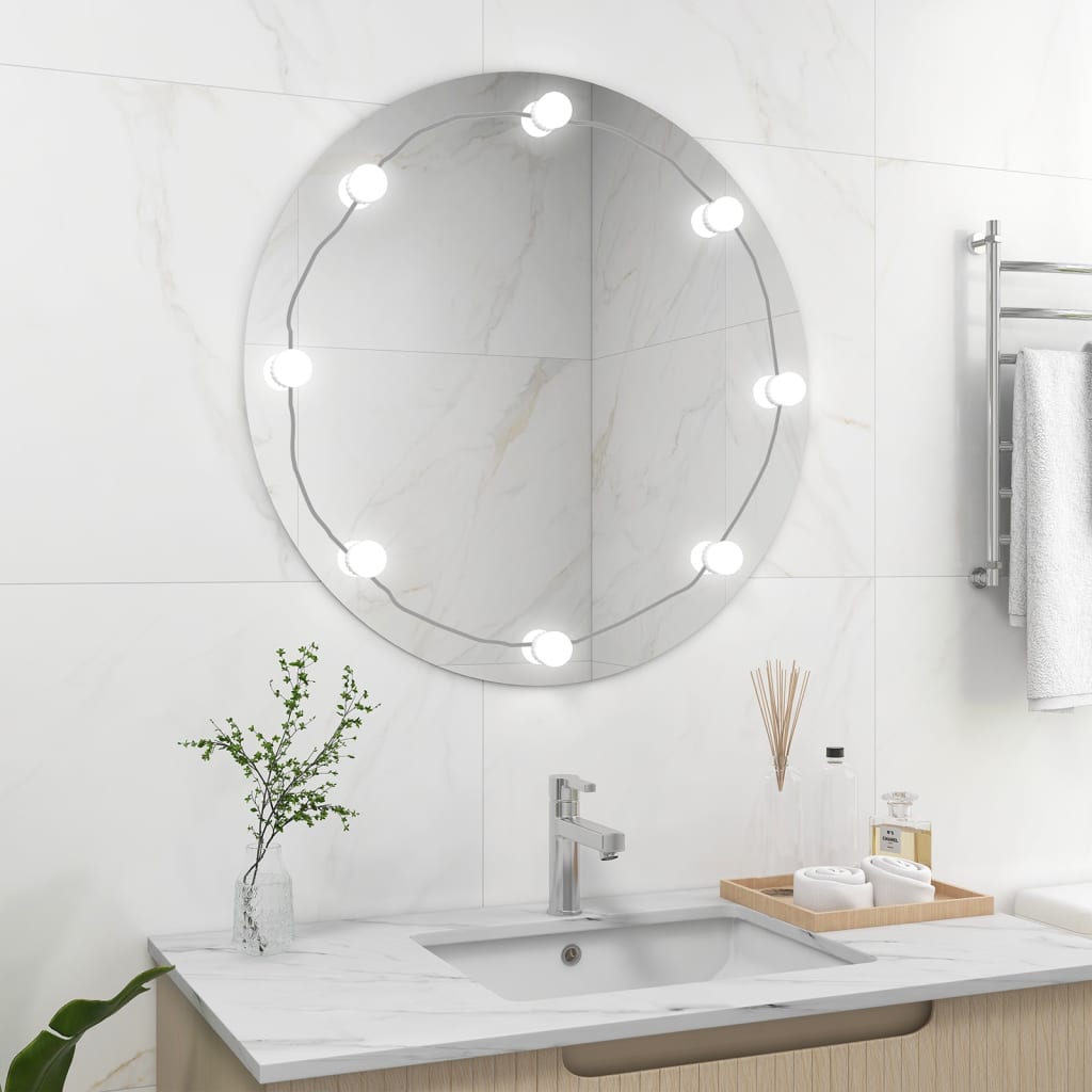 vidaXL sienas spogulis ar LED spuldzēm, bez rāmja, apaļš, stikls
