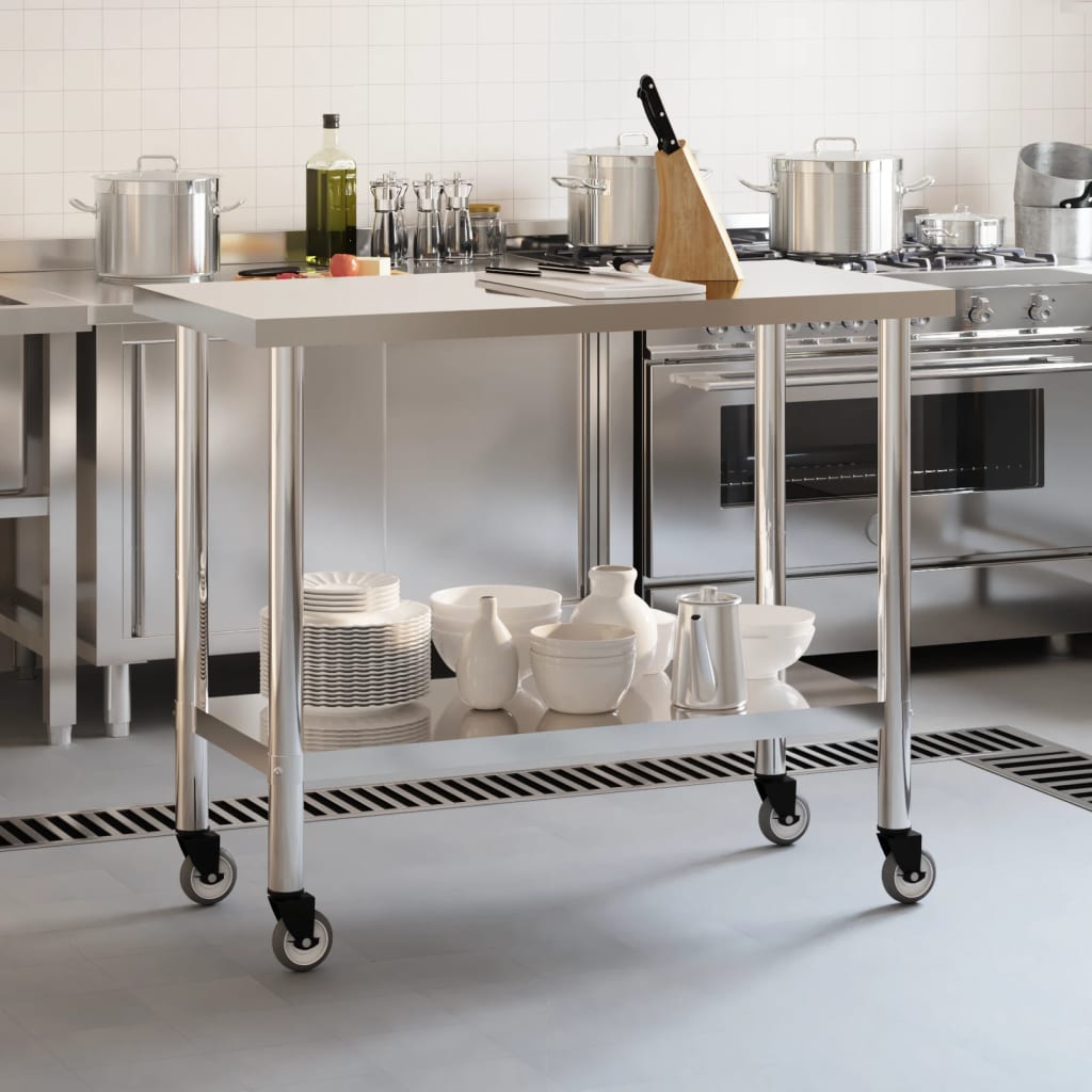 vidaXL virtuves darba galds, riteņi, 110x55x85 cm, nerūsējošs tērauds