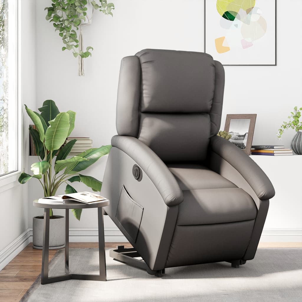 vidaXL elektrisks atpūtas krēsls, paceļams, pelēka dabīgā āda