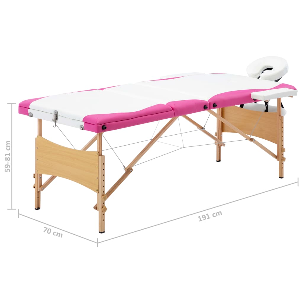 vidaXL saliekams masāžas galds, 3 daļas, koks, balts ar rozā