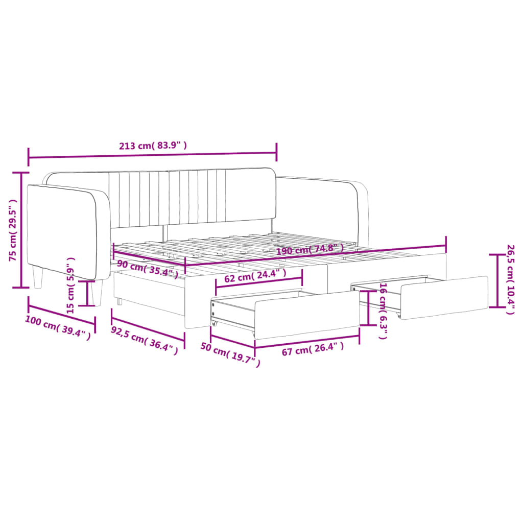 vidaXL izvelkams dīvāns ar atvilktnēm, gaiši pelēks, 90x190 cm, samts