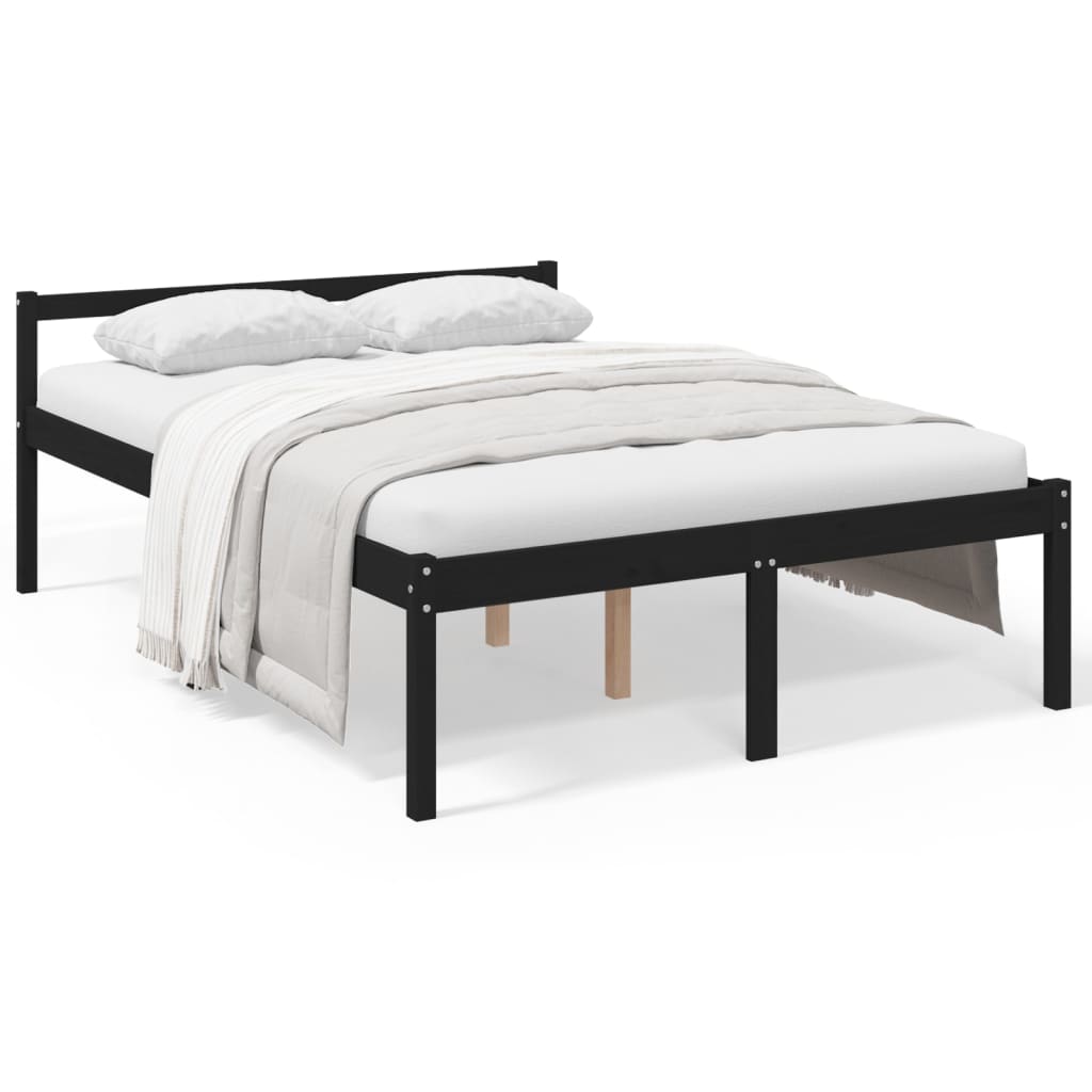 vidaXL senioru gultas rāmis, melns, 135x190 cm, priedes masīvkoks