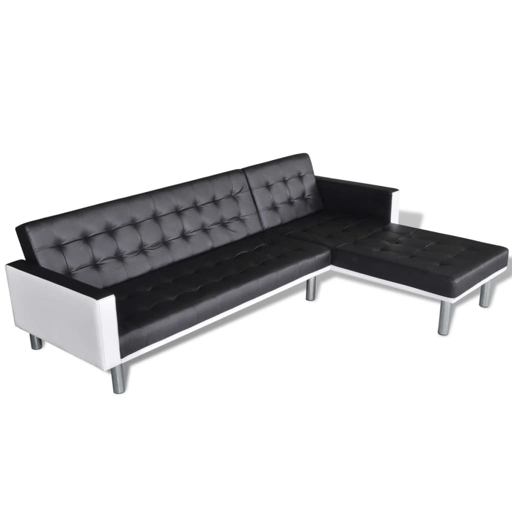 vidaXL dīvāns, L-forma, melna mākslīgā āda