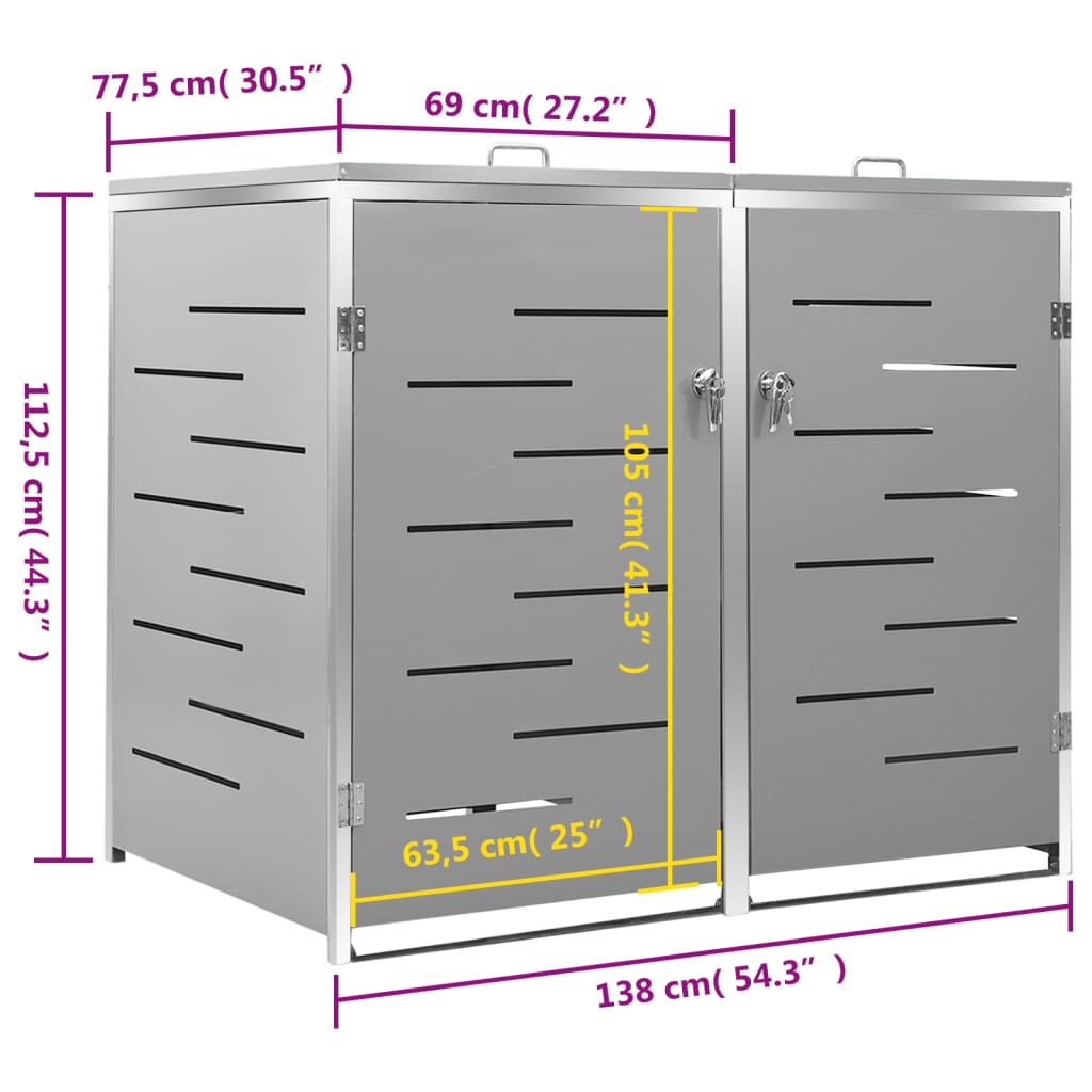 vidaXL 2-daļīga nojume atkritumu konteineram,138x77,5x112,5cm, tērauds