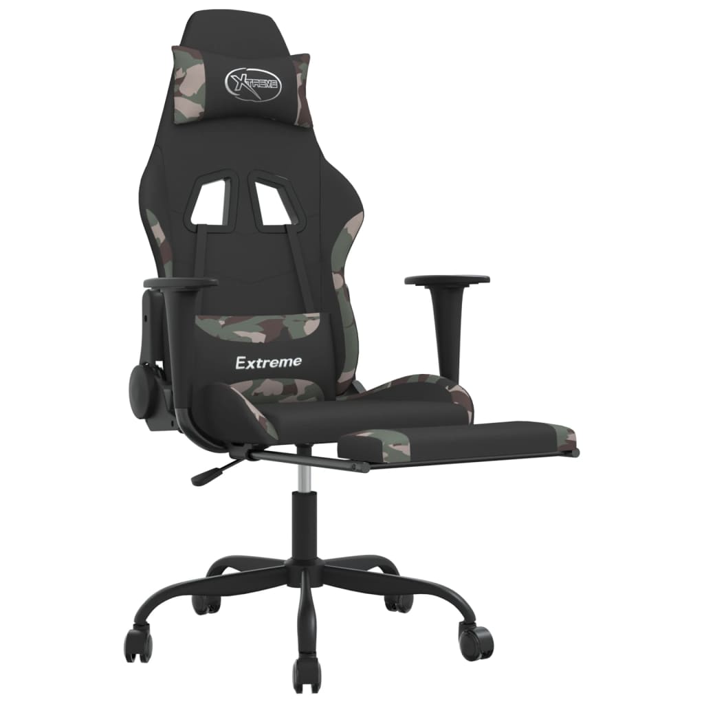 vidaXL datorspēļu krēsls ar kāju balstu, melns un kamuflāžas audums