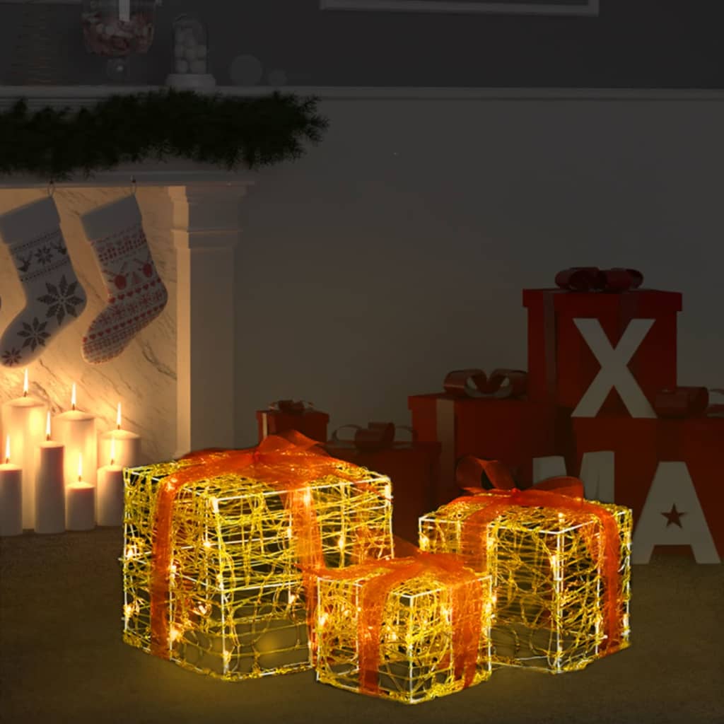 vidaXL Ziemassvētku dekorācija, 3 dāvanu kastes, akrils, silti baltas