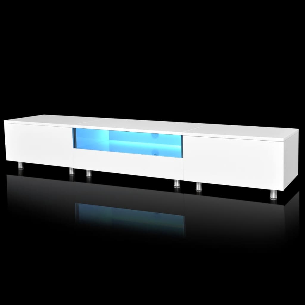 TV Galdiņš ar Spīdīgi Baltu Apdari, un LED Apgaismojumu 200 cm