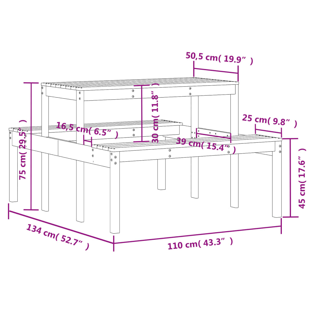 vidaXL piknika galds, 110x134x75 cm, priedes masīvkoks