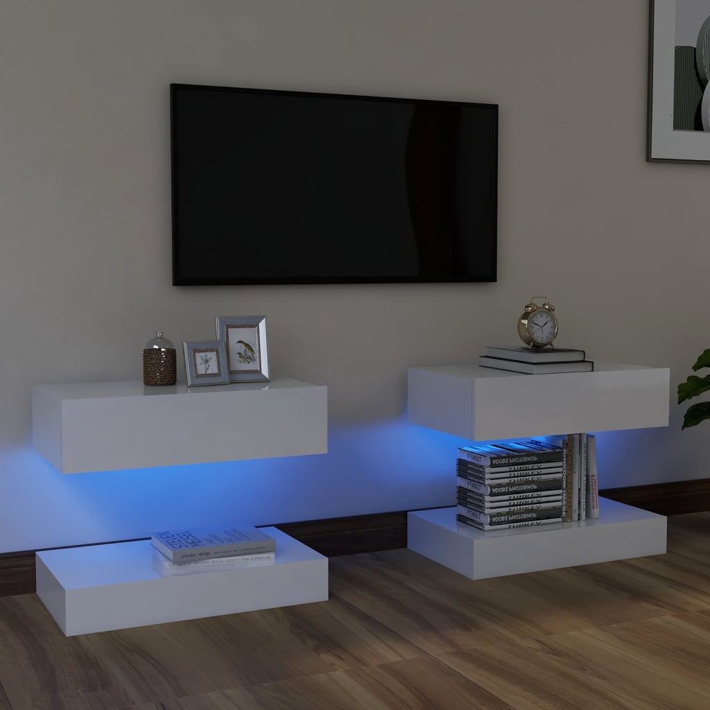 vidaXL TV plaukti ar LED lampiņām, 2 gab., 60x35 cm, spīdīgi balti
