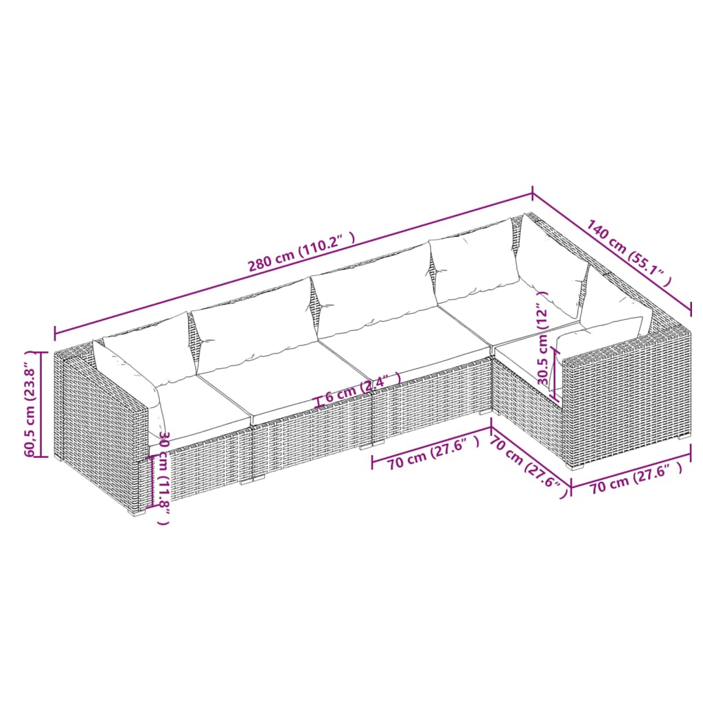 vidaXL 5-daļīgs dārza mēbeļu komplekts, matrači, melna PE rotangpalma