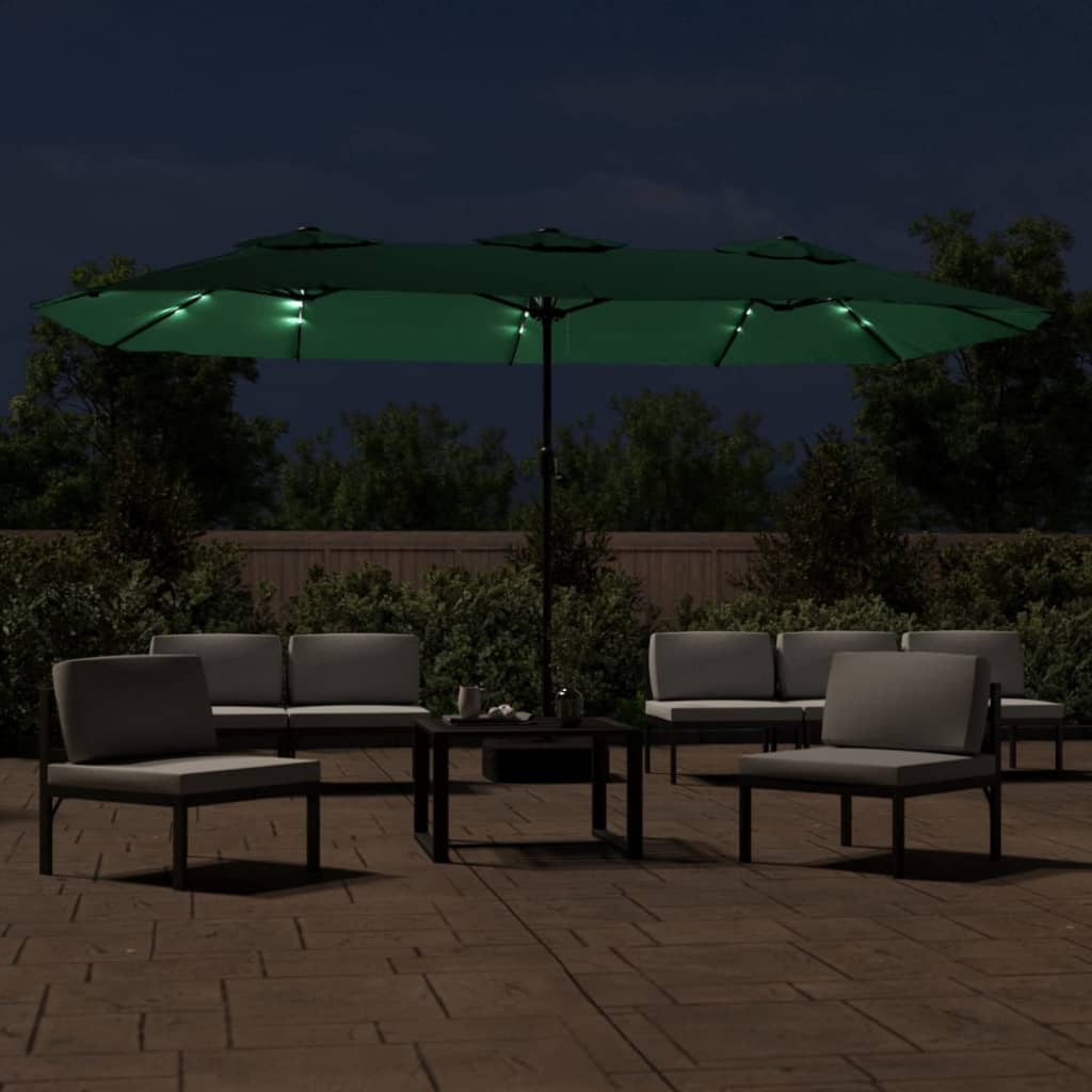 vidaXL saulessargs ar 2 jumtiņiem un LED, 449x245 cm, zaļš