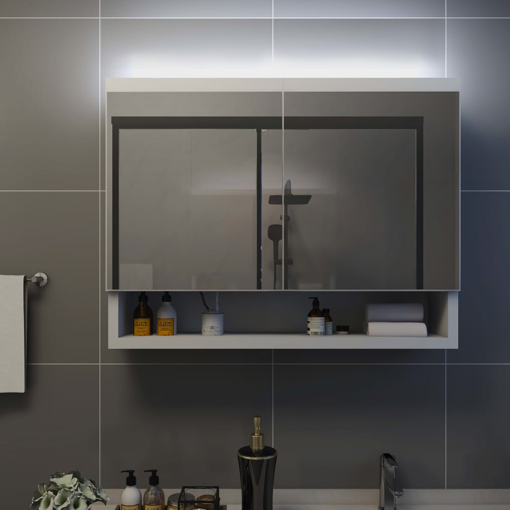 vidaXL vannasistabas skapītis ar spoguli un LED, 80x15x60cm, balts MDF