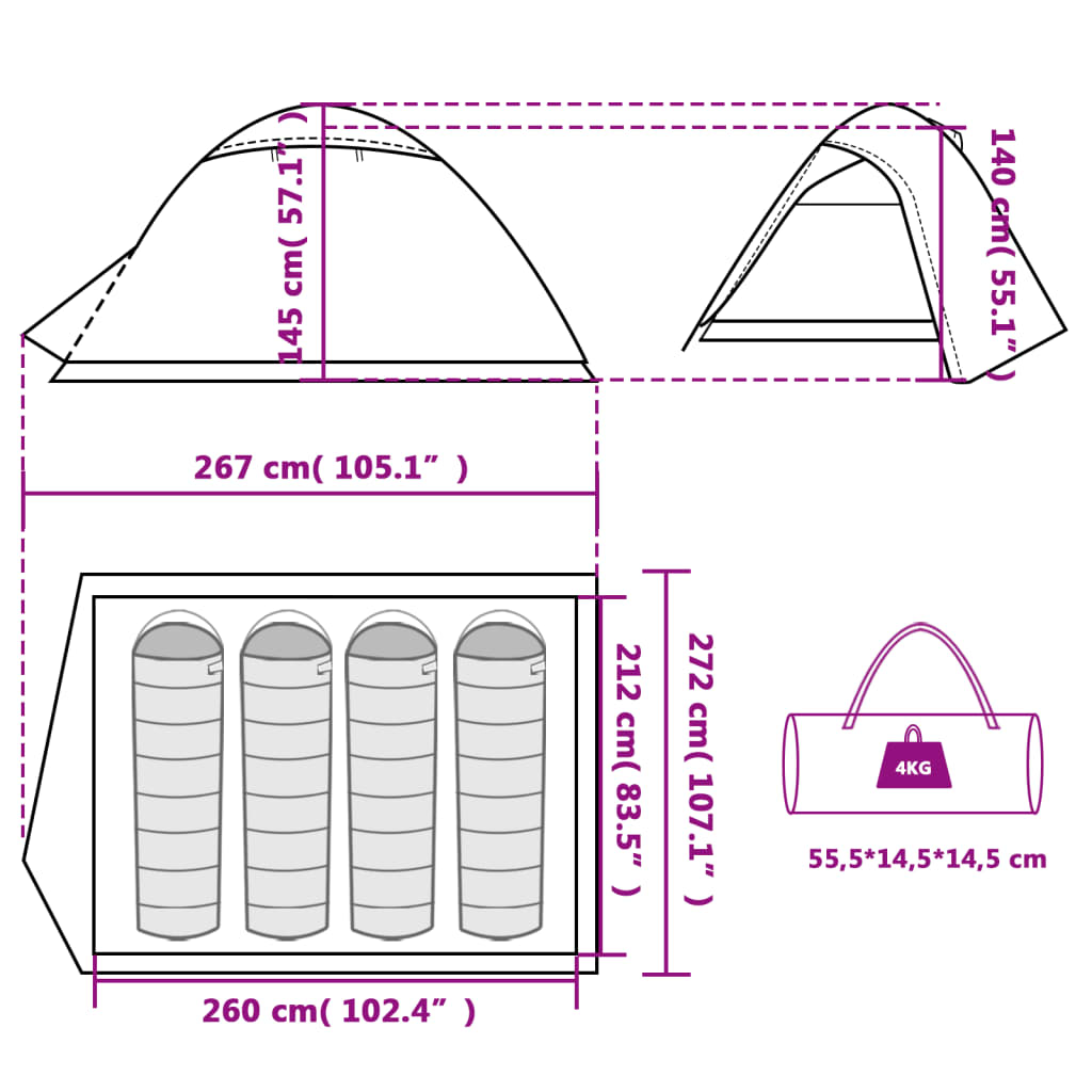 vidaXL kempinga telts 4 personām, pelēka, oranža, ūdensnecaurlaidīga
