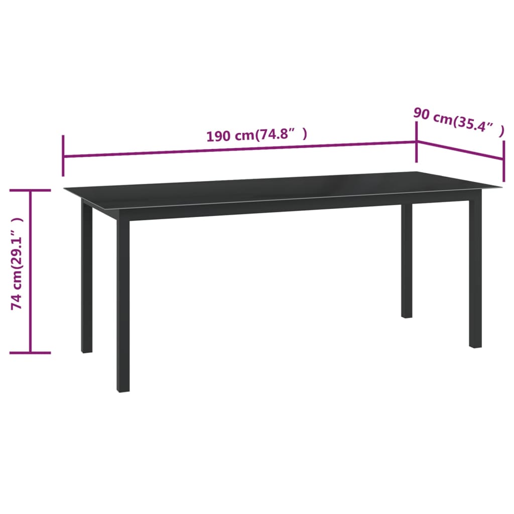 vidaXL dārza galds, melns, 190x90x74 cm, alumīnijs un stikls