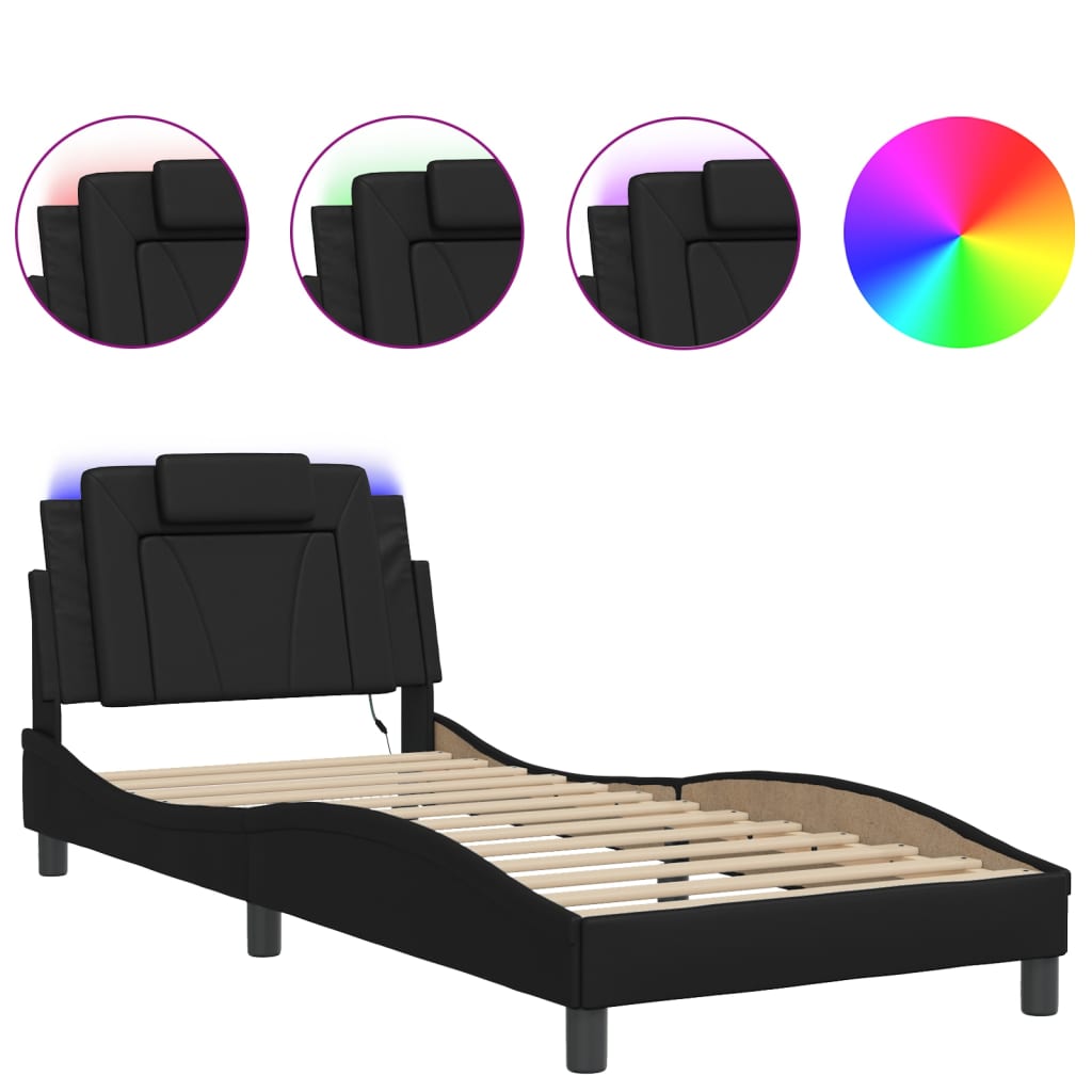 vidaXL gultas rāmis ar LED, melns, 80x200 cm, mākslīgā āda