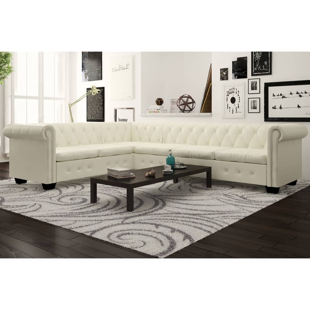 vidaXL sešvietīgs Chesterfield dīvāns, balta mākslīgā āda