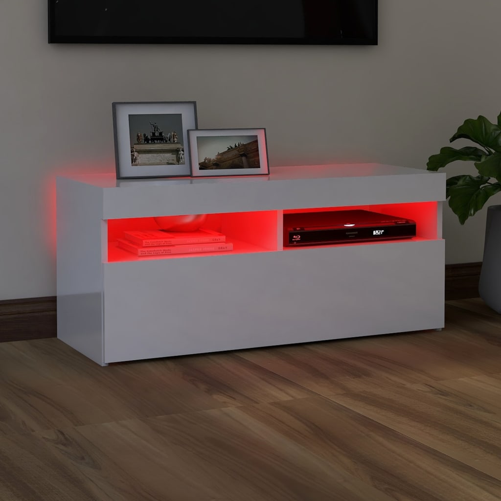 vidaXL TV galdiņš ar LED lampiņām, spīdīgi balts, 90x35x40 cm