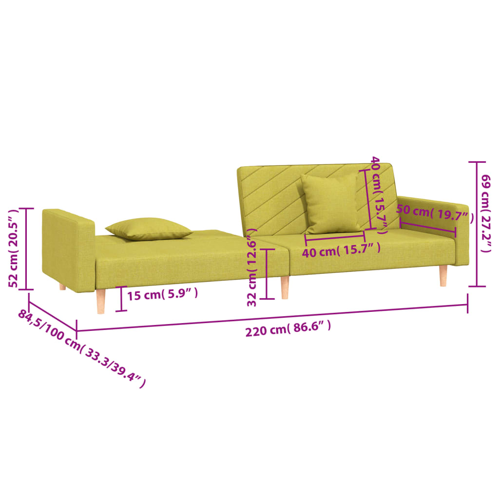 vidaXL 2-vietīga dīvāngulta ar diviem spilveniem, zaļš audums