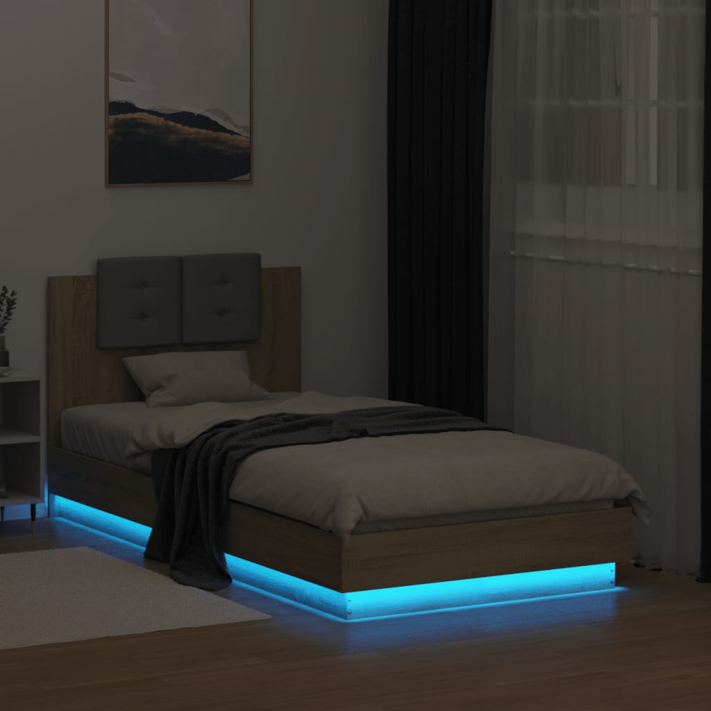 vidaXL gultas rāmis ar galvgali un LED, koka krāsa, 90x190 cm