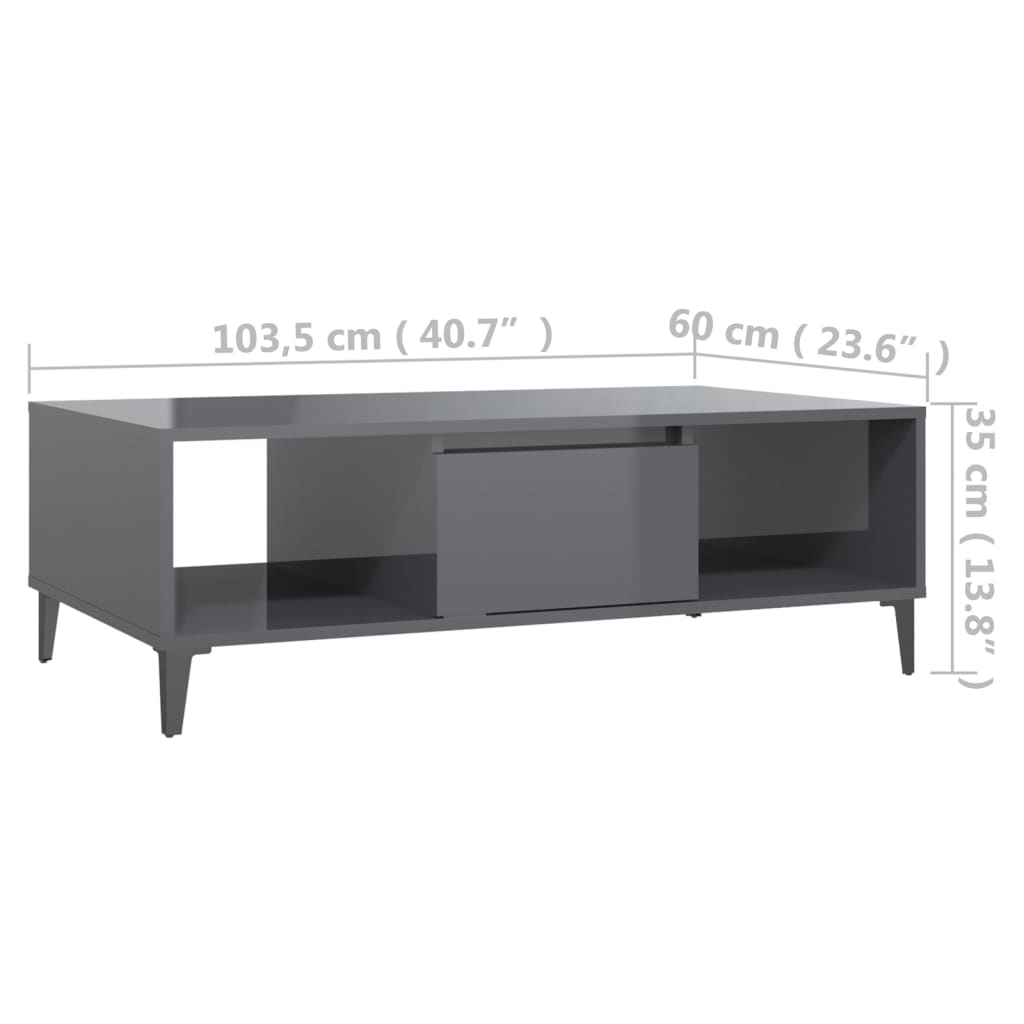 vidaXL kafijas galdiņš, 103,5x60x35 cm, spīdīgi pelēks, skaidu plāksne