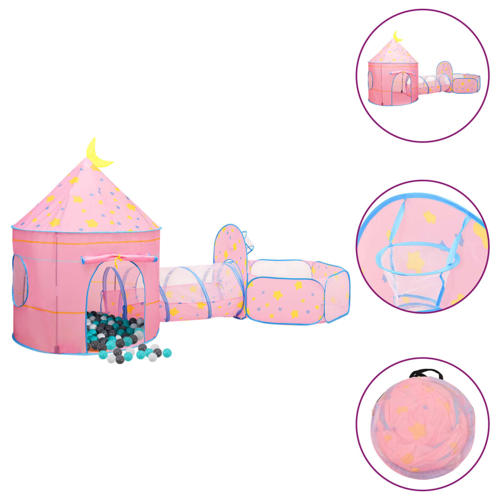 vidaXL rotaļu telts ar 250 bumbiņām, rozā, 301x120x128 cm