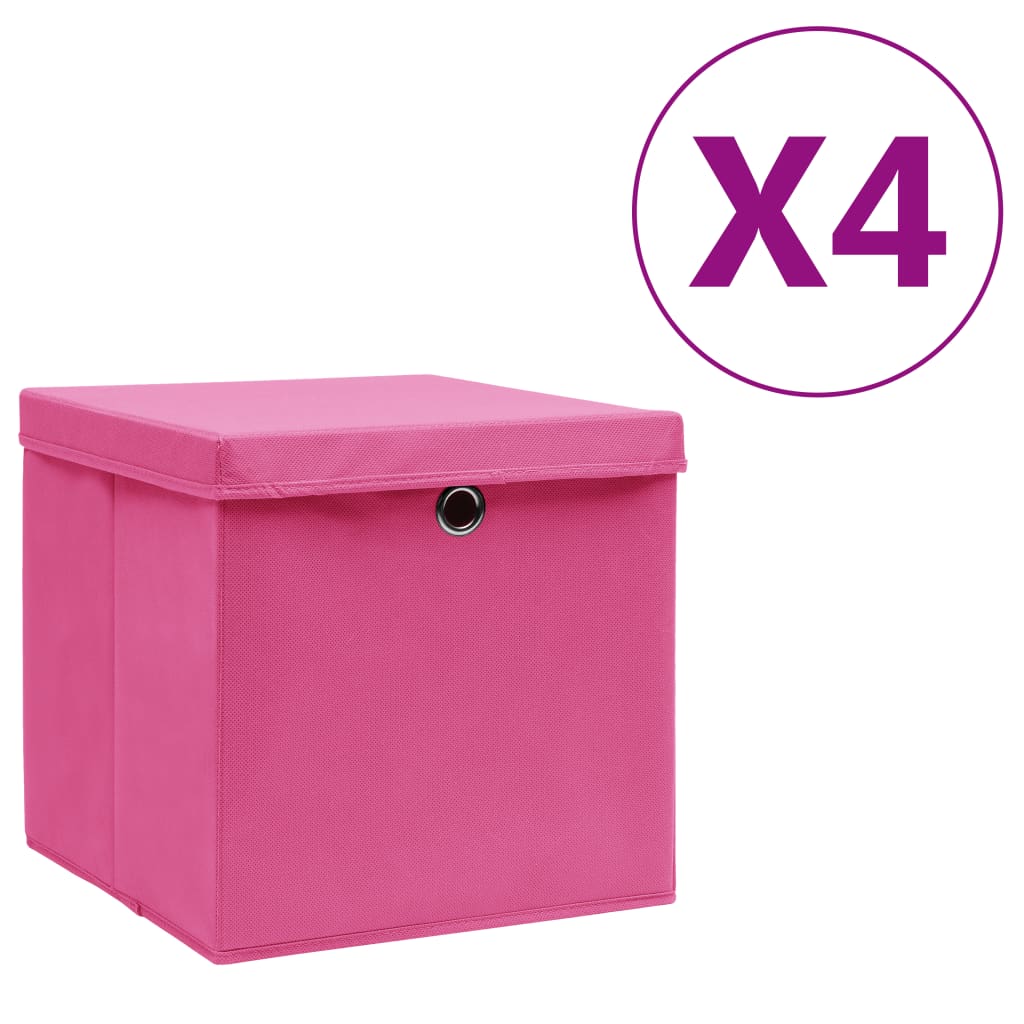 vidaXL uzglabāšanas kastes ar vāku, 4 gab., rozā, 28x28x28 cm