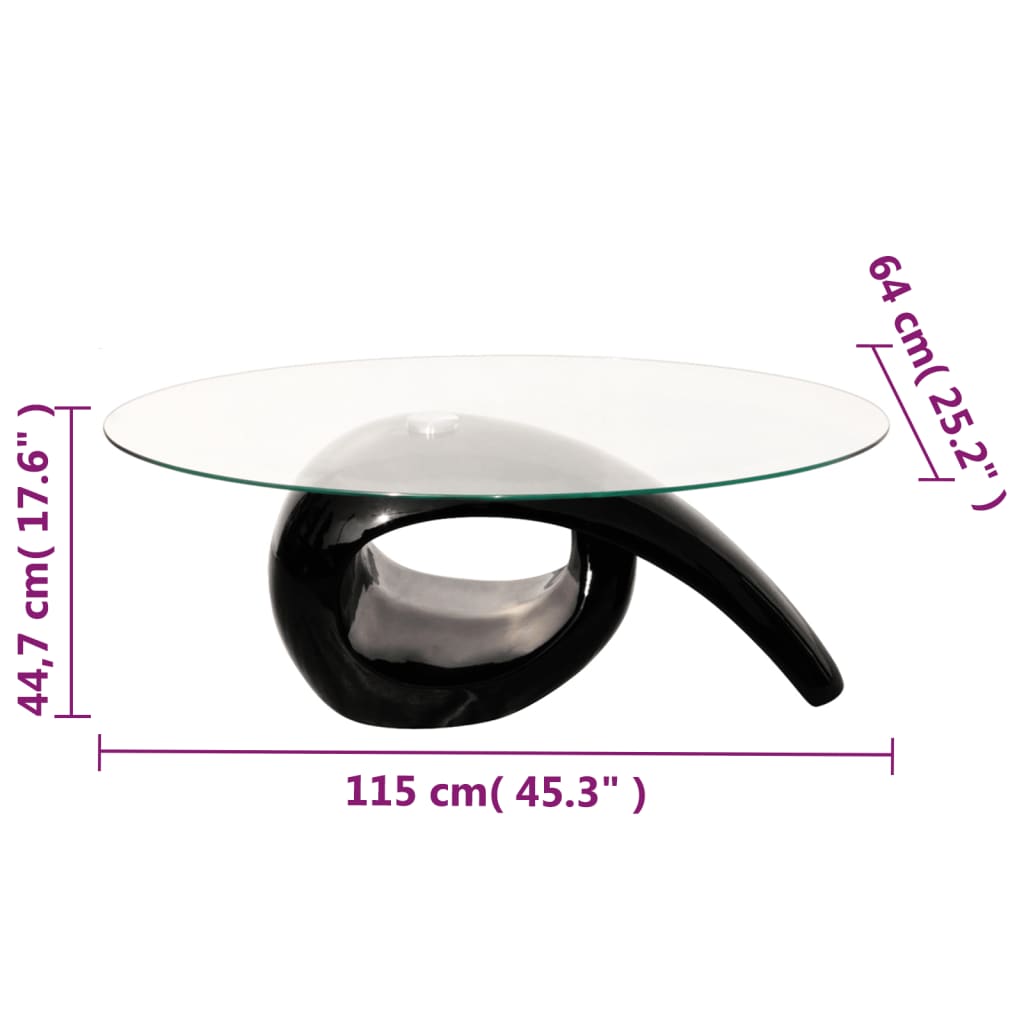 vidaXL kafijas galdiņš ar ovālas formas stikla virsmu, spīdīgi melns