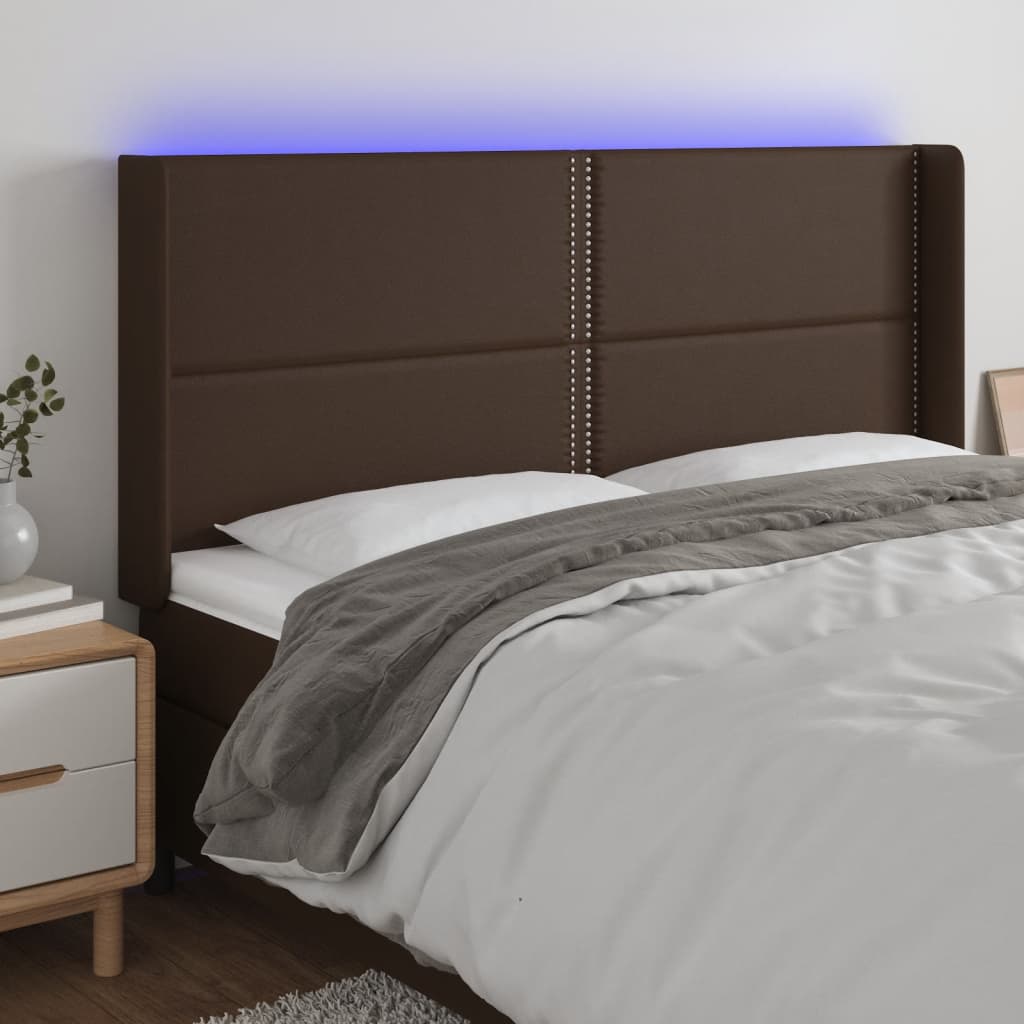 vidaXL gultas galvgalis ar LED, 203x16x118/128 cm, brūna mākslīgā āda