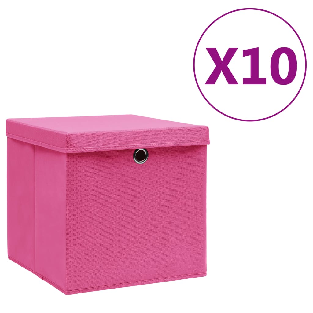 vidaXL uzglabāšanas kastes ar vāku, 10 gab., rozā, 28x28x28 cm