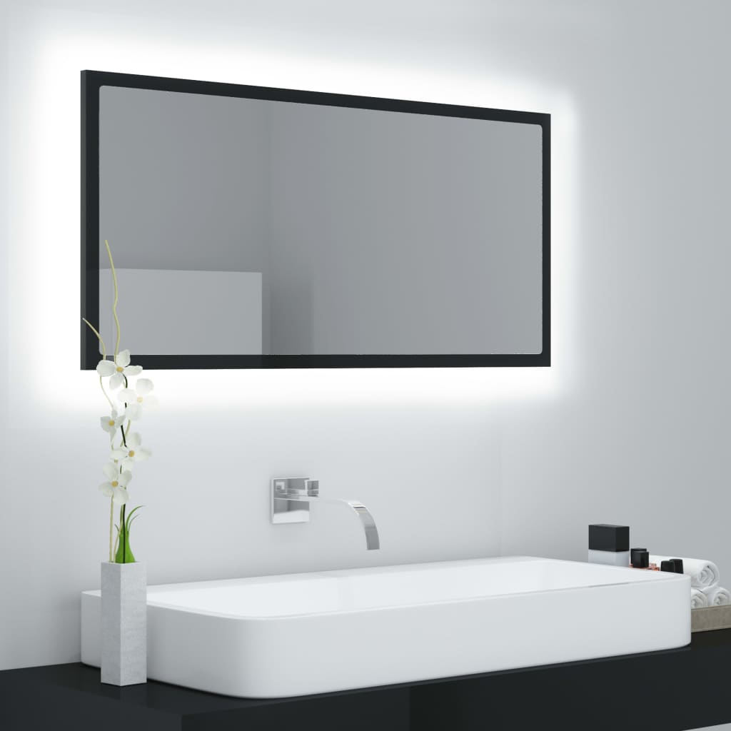 vidaXL vannasistabas spogulis, LED, spīdīgi melns, 90x8,5x37cm, akrils