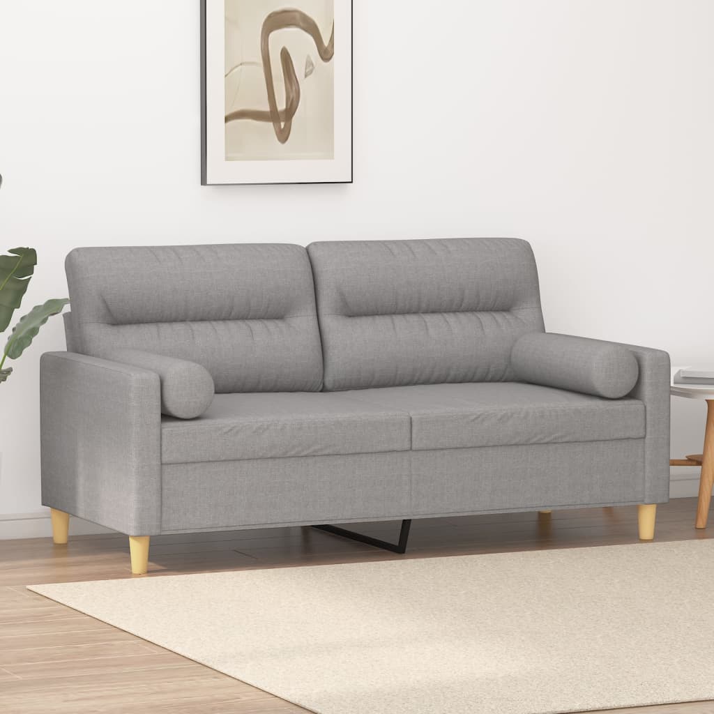 vidaXL divvietīgs dīvāns ar spilveniem, gaiši pelēks, 140 cm, audums