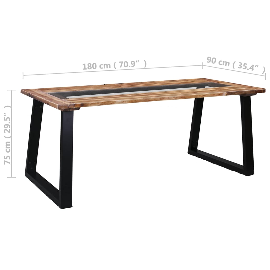 vidaXL virtuves galds, 180x90x75 cm, akācijas masīvkoks un stikls