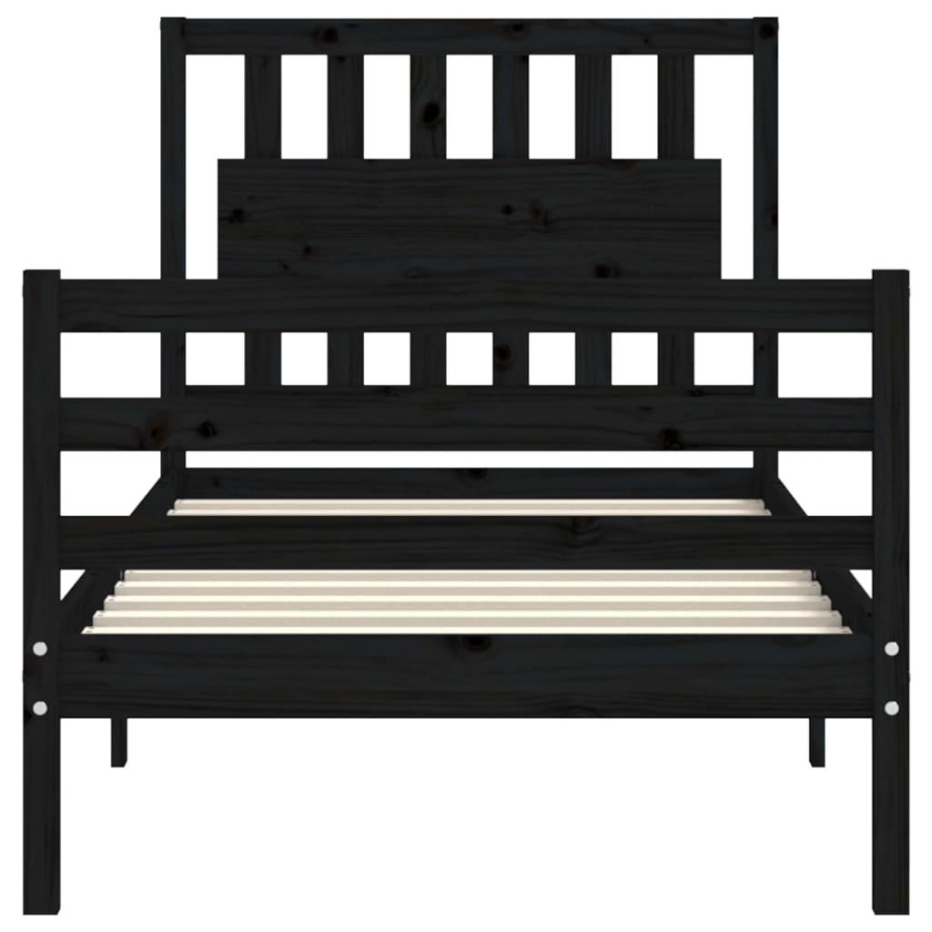 vidaXL gultas rāmis ar galvgali, melns, masīvkoks, 90x200 cm
