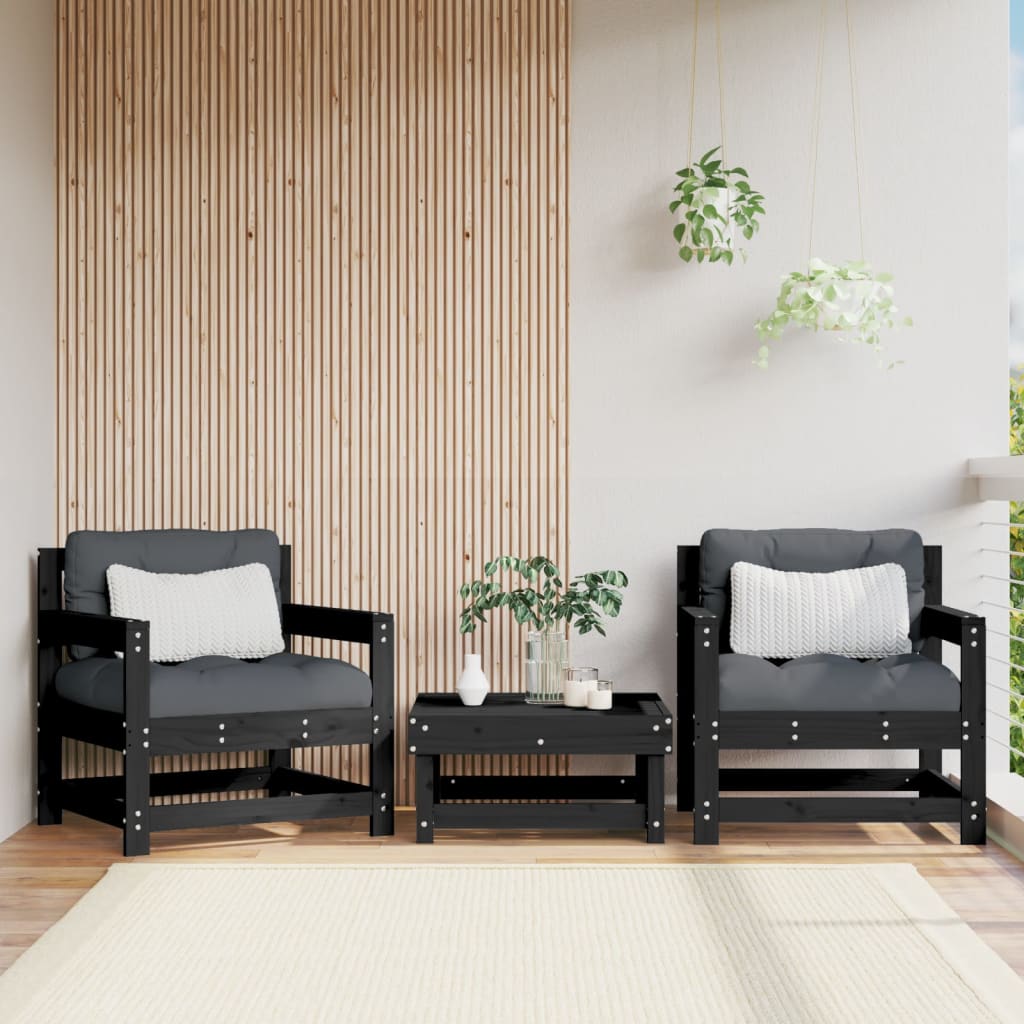 vidaXL dārza krēsli ar matračiem, 2 gab., melns priedes masīvkoks