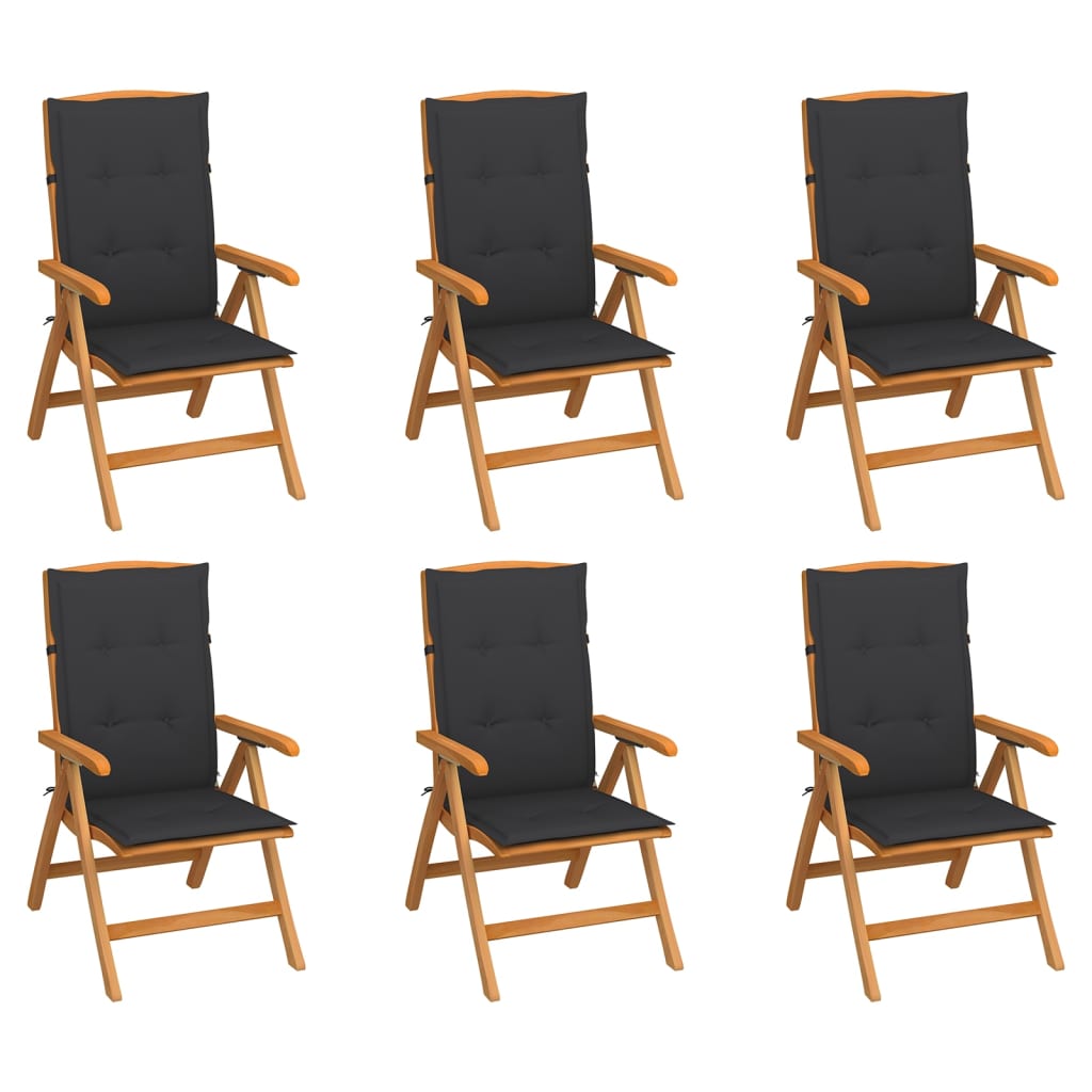 vidaXL dārza krēsli ar matračiem, atgāžami, 6 gab., masīvs tīkkoks