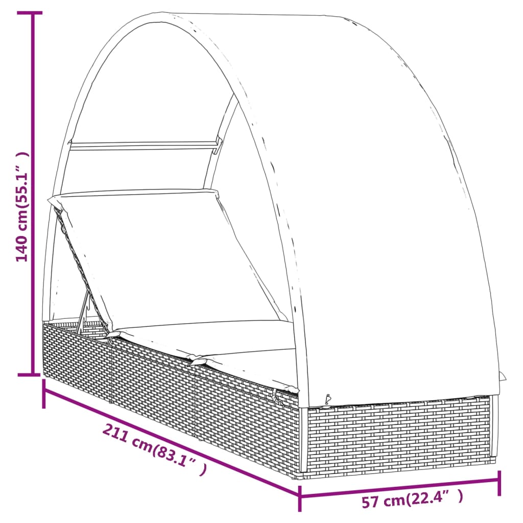 vidaXL sauļošanās gulta ar jumtu, 211x57x140 cm, PE rotangpalma