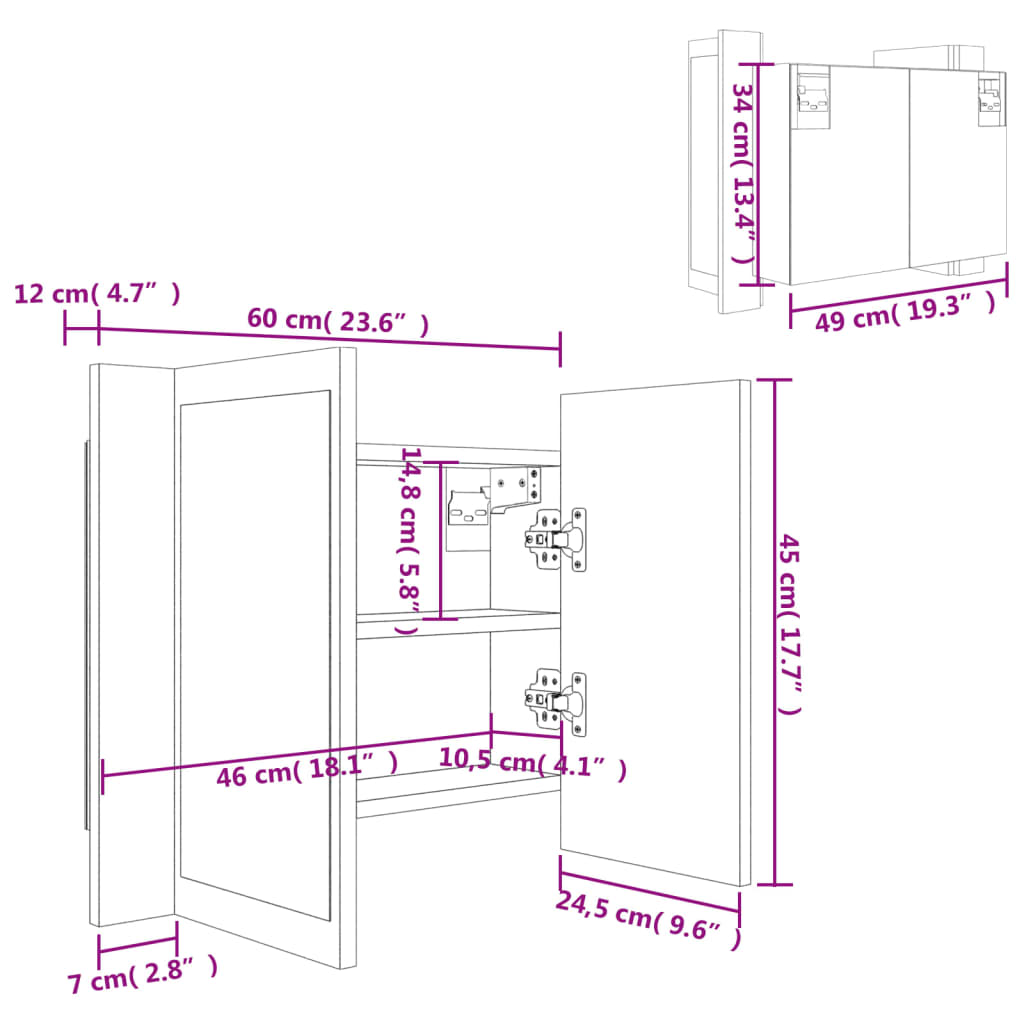 vidaXL vannasistabas spoguļskapītis ar LED, pelēks, 60x12x45cm, akrils
