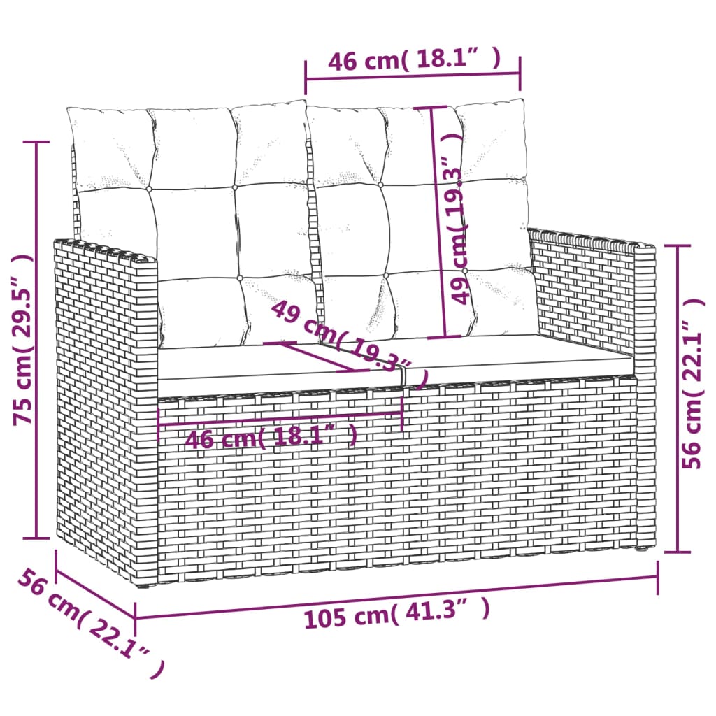 vidaXL dārza sols ar matračiem, 105 cm, pelēks, PE rotangpalma